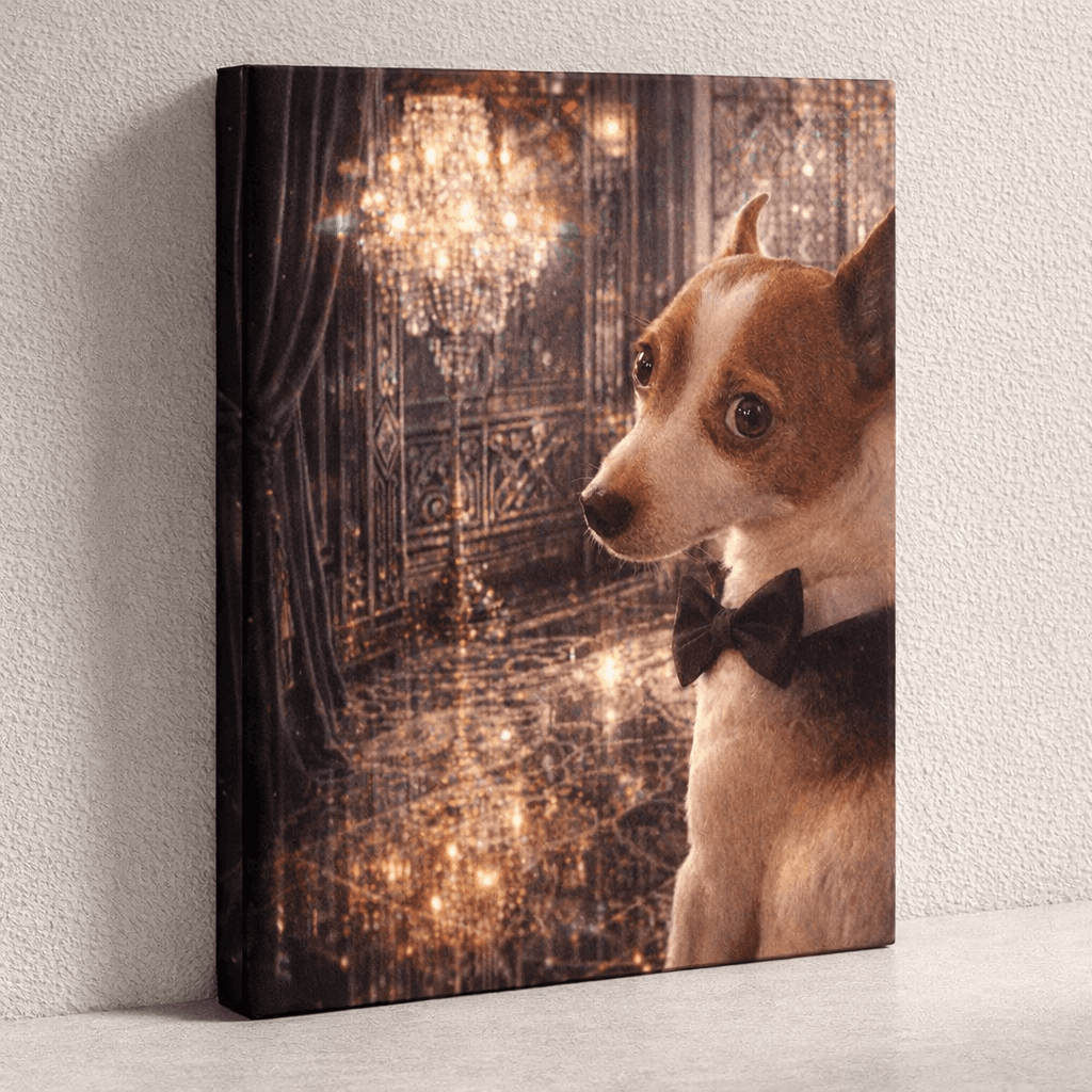 A framed pet portrait hanging on a wall at home